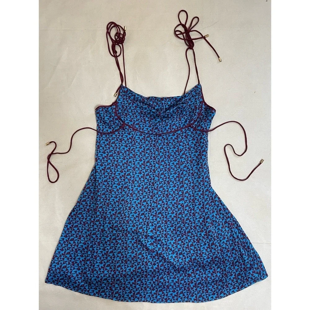 New Free People Kai Print Tie Strap Mini Blue Dress Size M
